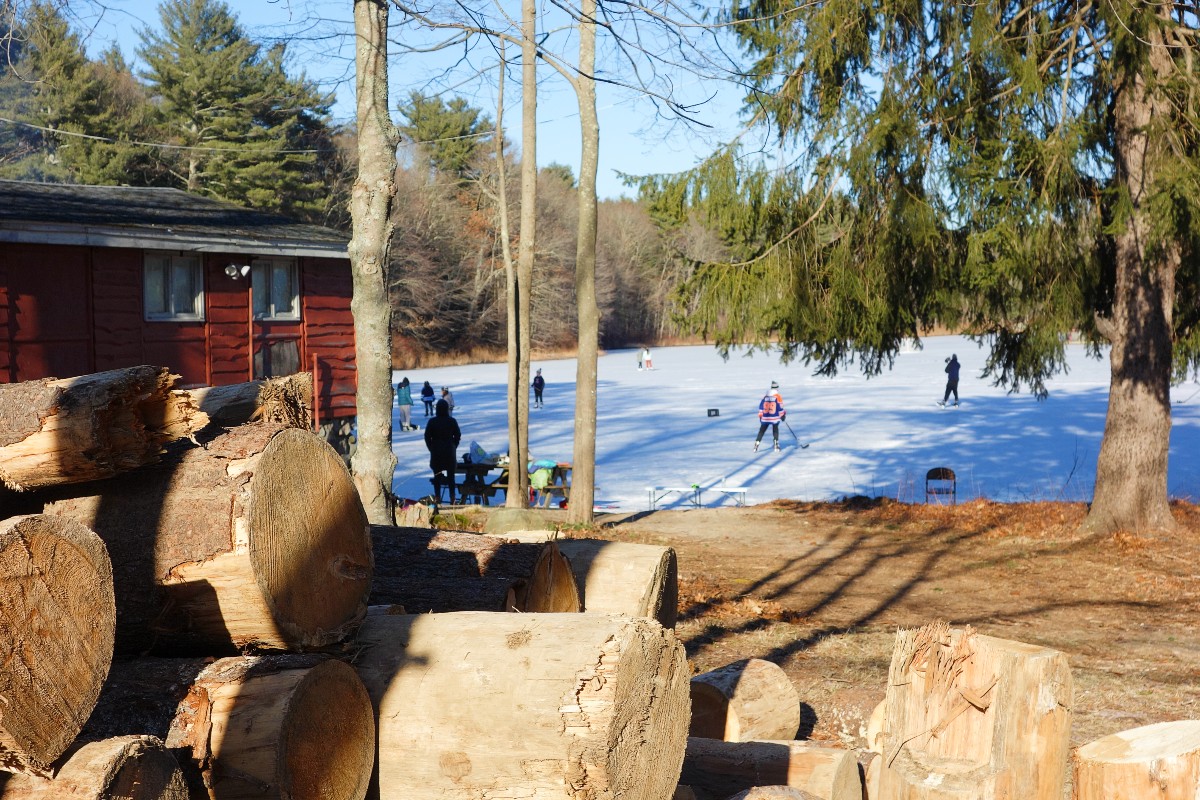 Logs, lodge and pond - Turner Pond and Lodge in Walpole, Mass.