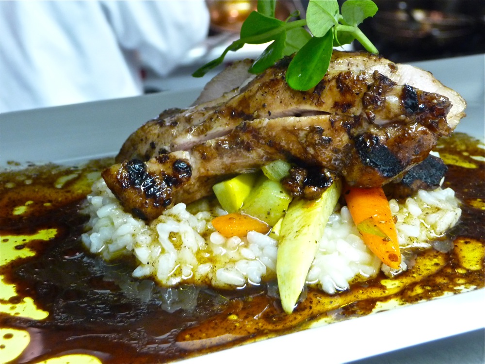 Grilled balsamic chicken with herbs, honey balsamic, roast baby carrots, basil rice, evoo from Sapore Vero in Walpole, Mass.
