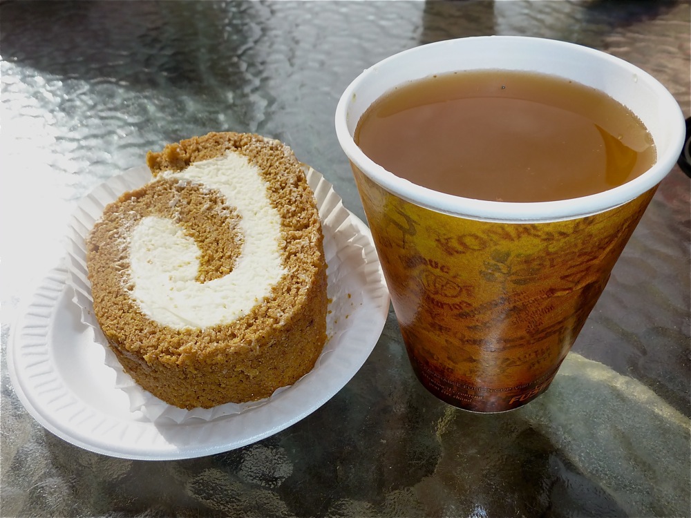 Pumpkin mousse roll and hot apple cider from Phantom Farms in Cumberland, RI.