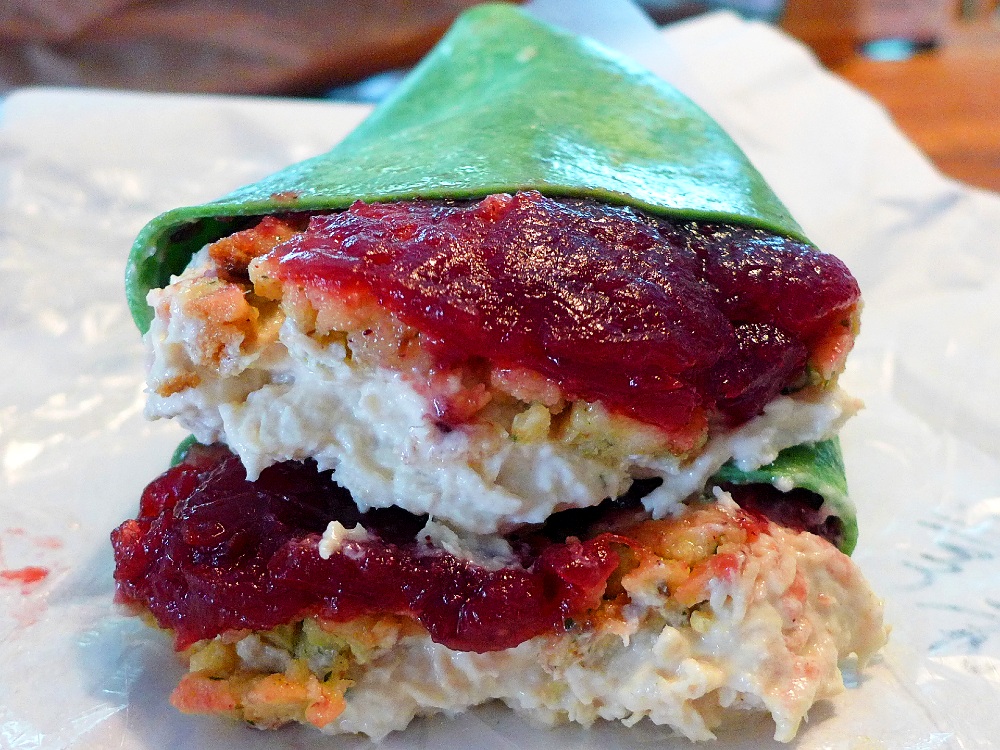 Chicken salad wrap with stuffing and cranberry sauce from Michael's Cafe and Deli in Wrentham,, Mass.