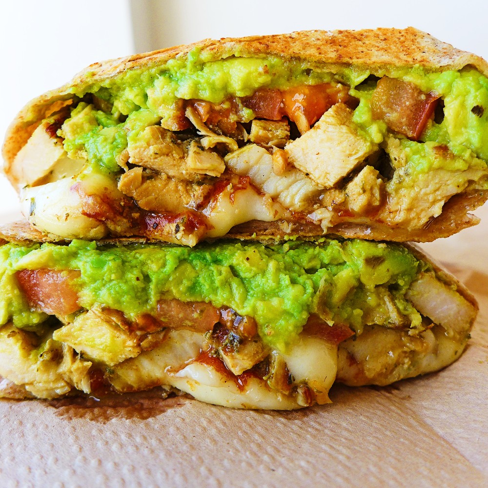 From The Juice Bar, Norwood, Mass.: Grilled Chicken marinated in pesto, avocado, tomato & mozzarella cheese on a whole wheat tortilla.
