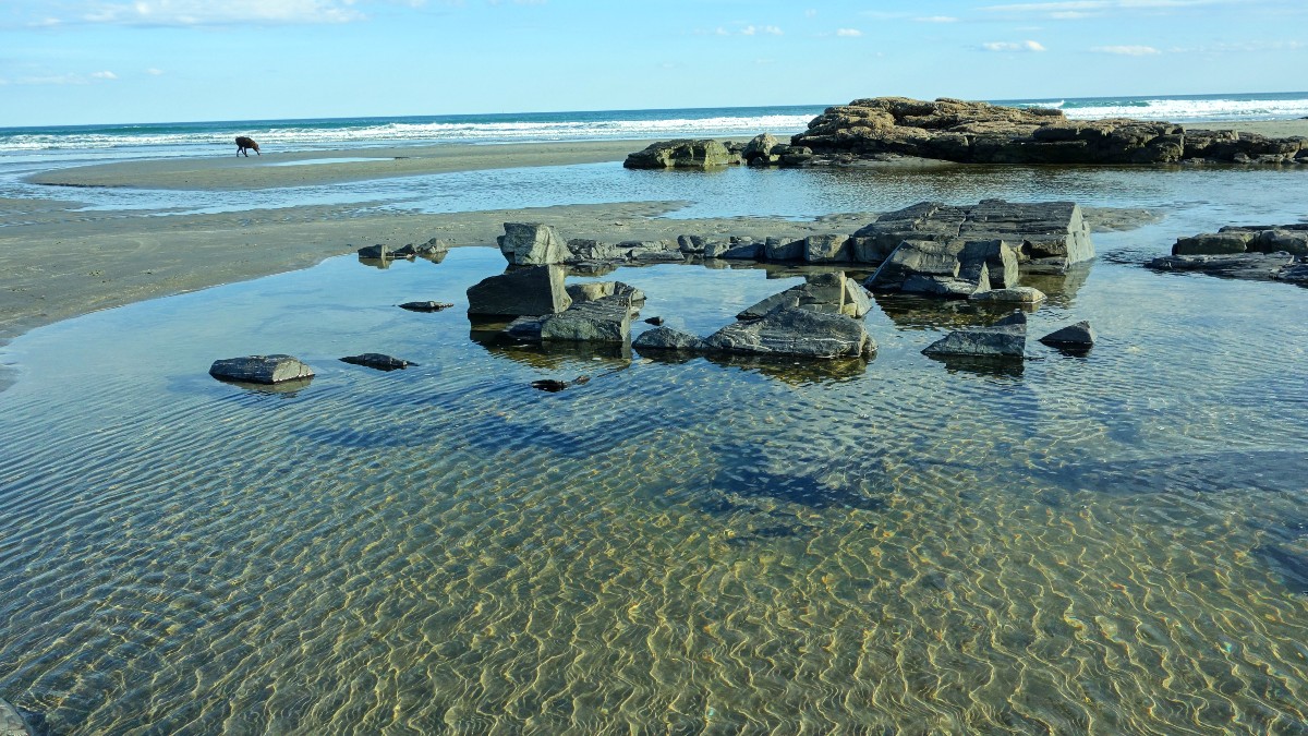 Rocks, water, beach at Long Sands Beach in York, Maine.