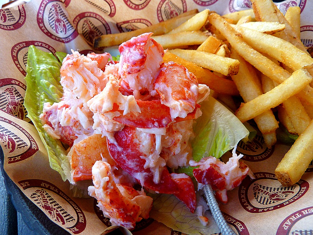 Lobster roll with fries from The Lobster Trap in Bourne, Mass.
