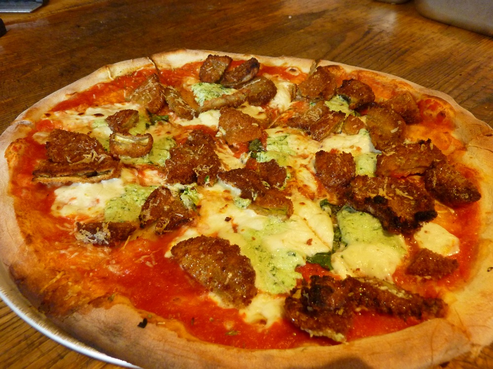 Eggplant and basil ricotta pesto pizza from When Pigs Fly in Kittery, Maine.