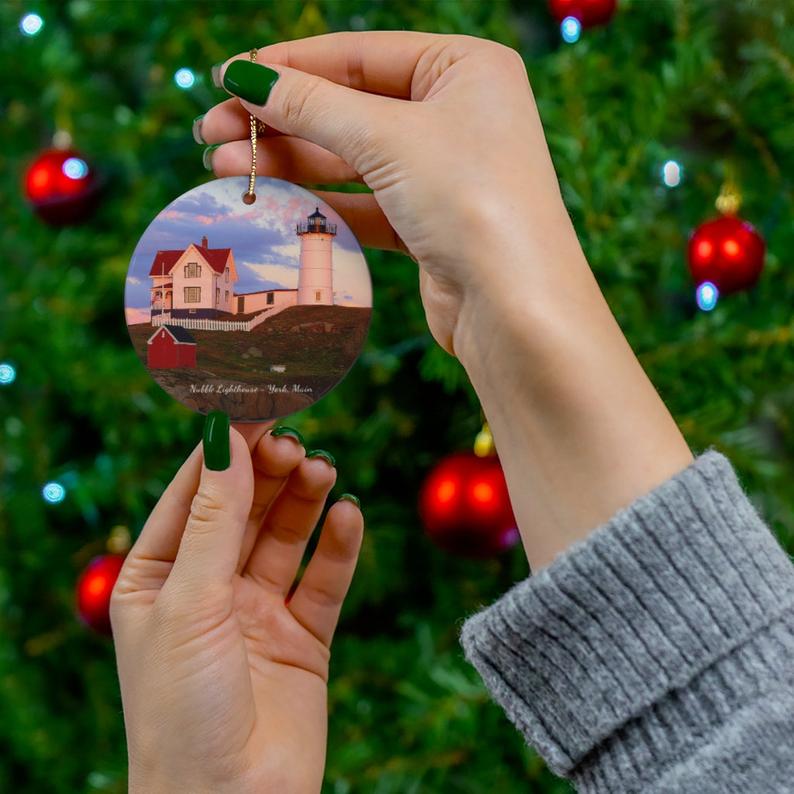 Christmas ornament of Nubble Lighthouse in York, Maine.