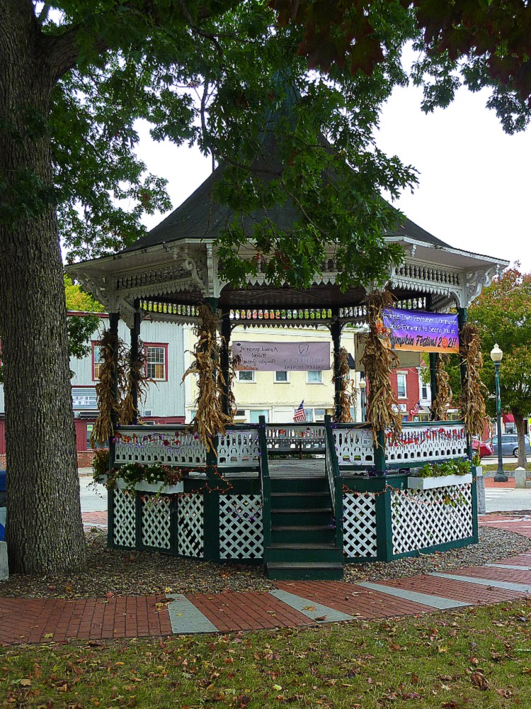 This New Hampshire town center features a beautiful bandstand at the Town Common,