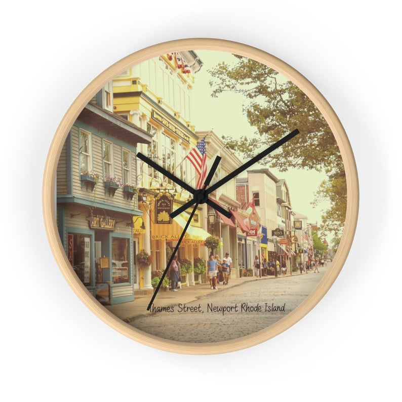 Newport, RI wall clock with a scene of Thames Street.