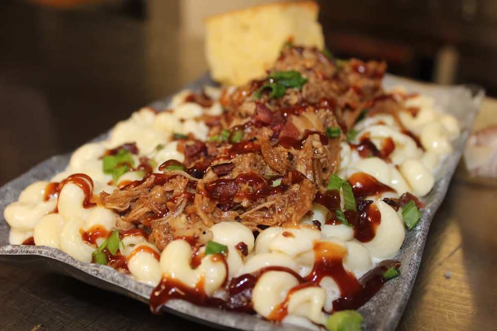 Pulled pork mac and cheese from The Alamo Texas BBQ and Tequila Bar in Brookline, NH.