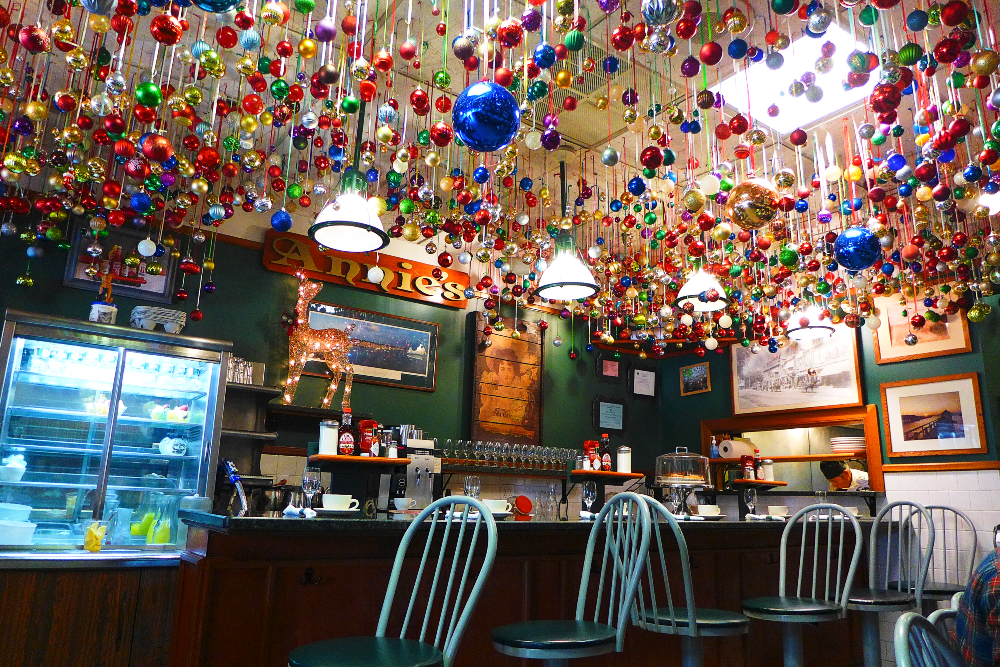 Christmas decorations on the ceiling at Annie's restaurant in Newport, R.I