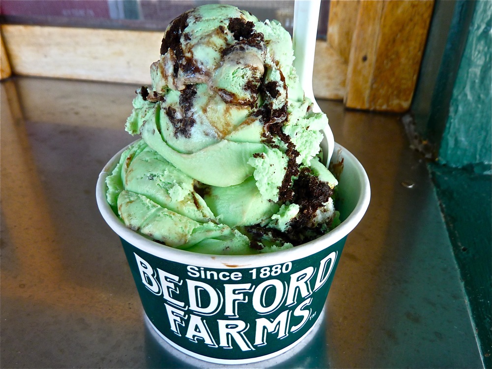 Green Monster ice cream -- mint chococolate chip, Oreo pieces and fudge -- from Bedford Farms in Bedford, Massachusetts.