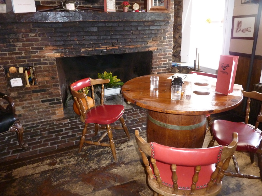 Fireplace in the dining room at the Bull Run in Shirley, Mass.