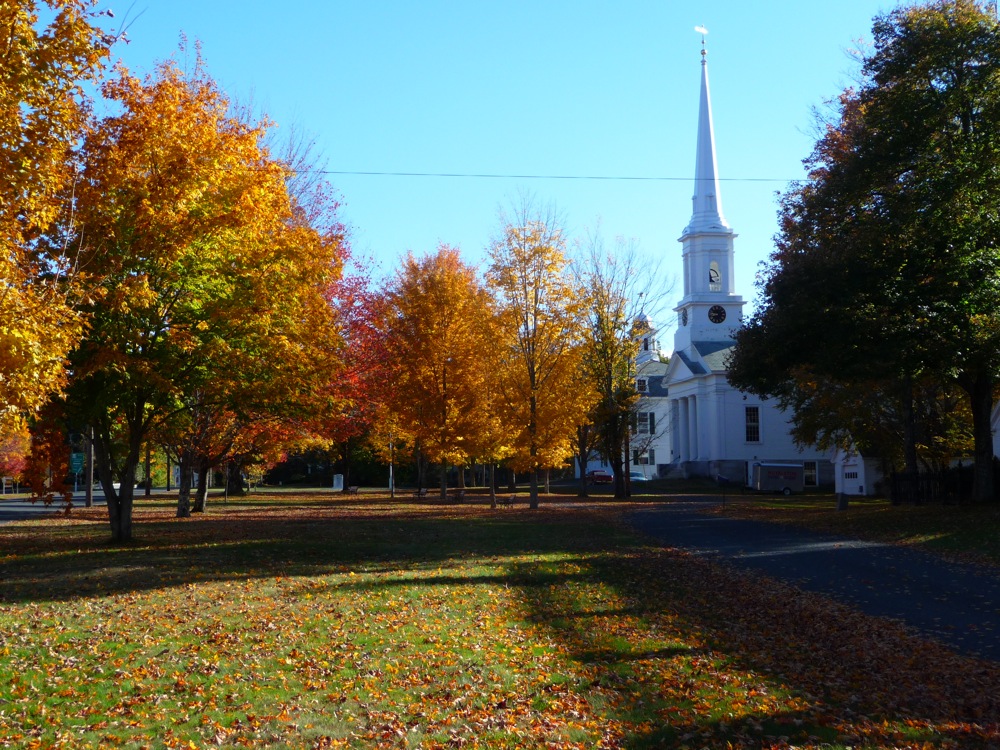 Fall foliage by the church in Royalston, Massachusetts