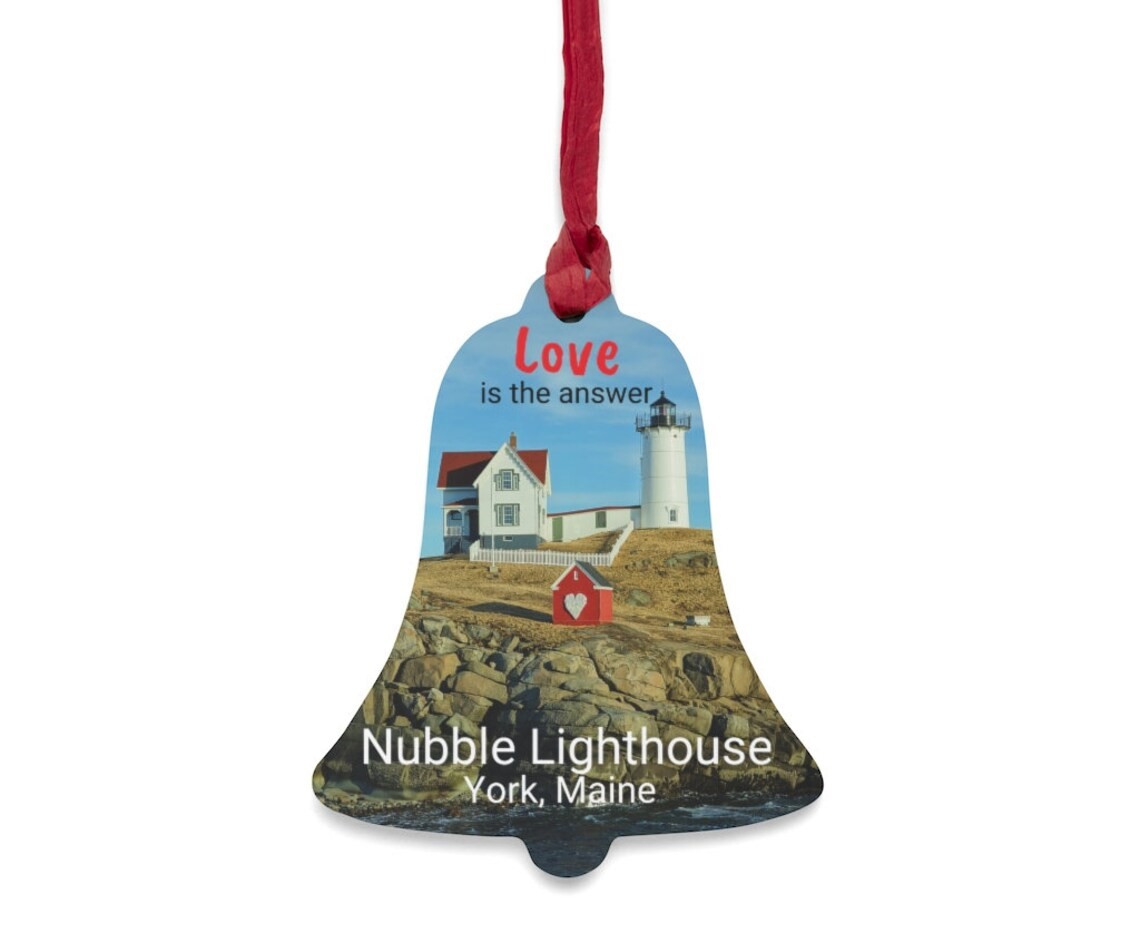 Coastal Maine gift idea: Love is the Answer Nubble Lighthouse Wooden Ornament
