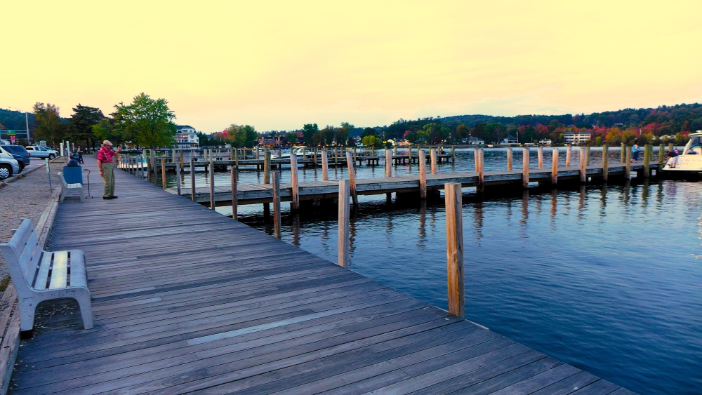 A walk along the boardwalk at twilight in Meredith, N.H.