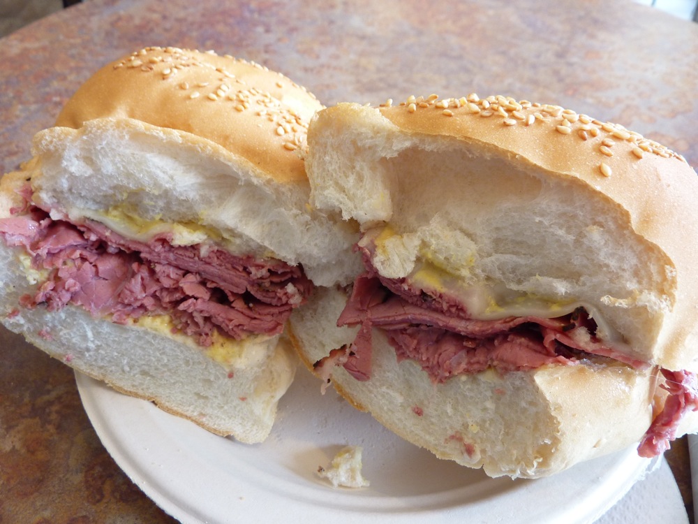 The Fave: Pastrami, Swiss Cheese and dijon mustad on a braided sesame roll from Michael's Cafe and Deli in Wrentham, Massachusetts.