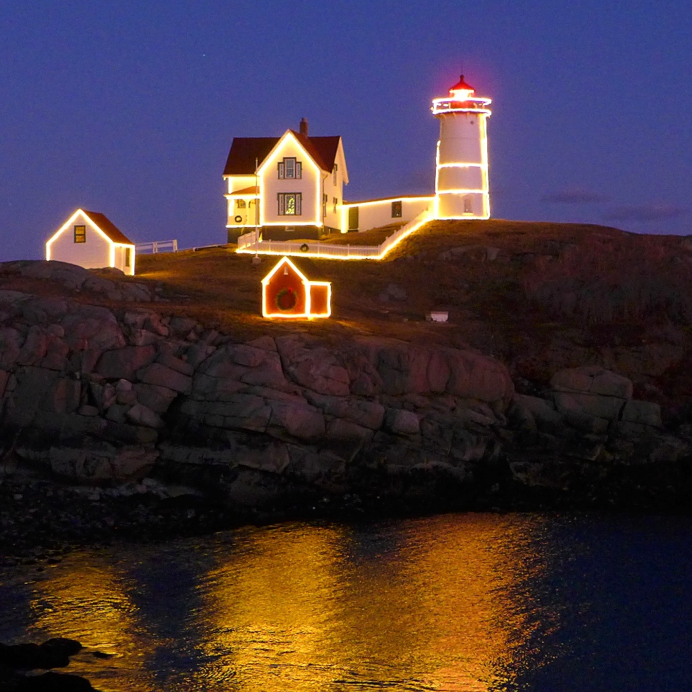 Nubble Lighthouse at night in York, Maine