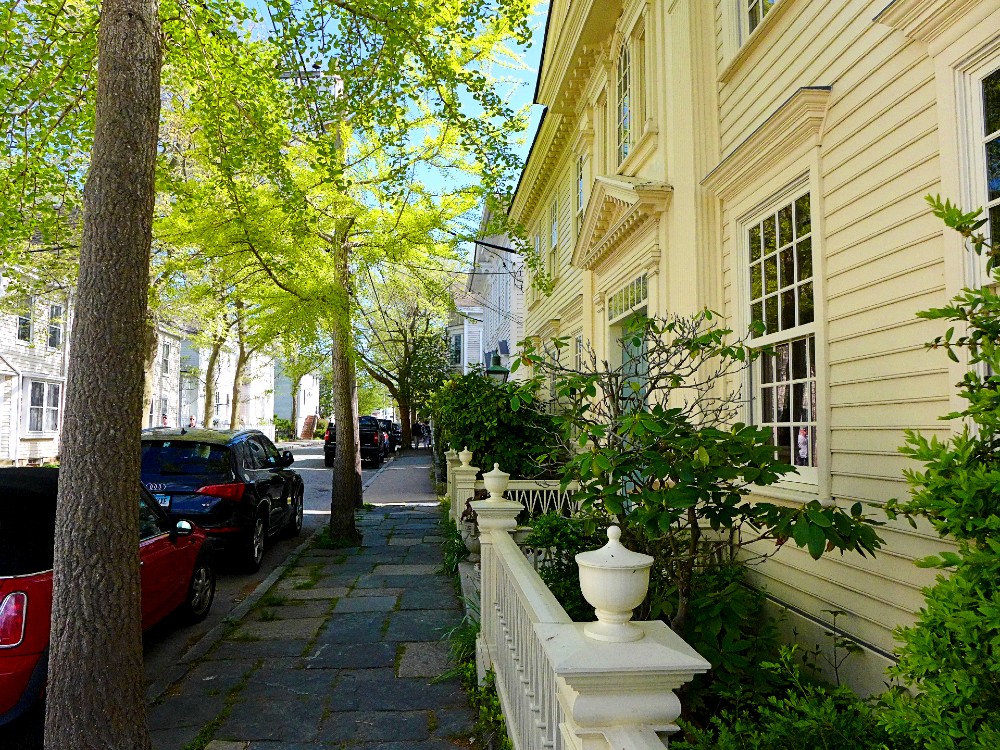 Tree-lined neighborhood on Water St. in Stonington, Connecticut.