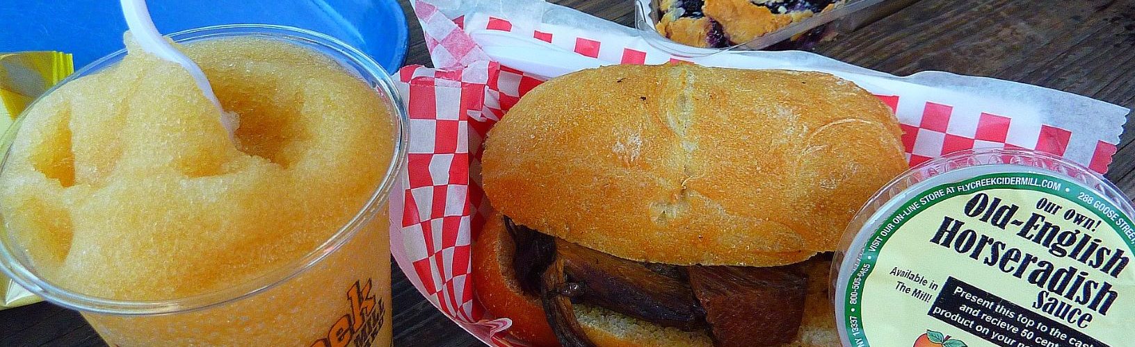 Pot roast, blueberry pie and apple cider slush at the Fly Creek Cider Mill in Fly Creek, N.Y.