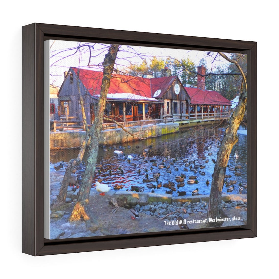 This canvas print of the 1761 Old Mill in Westminster, Mass. features the famous duck pond and rustic front exterior of the restaurant.